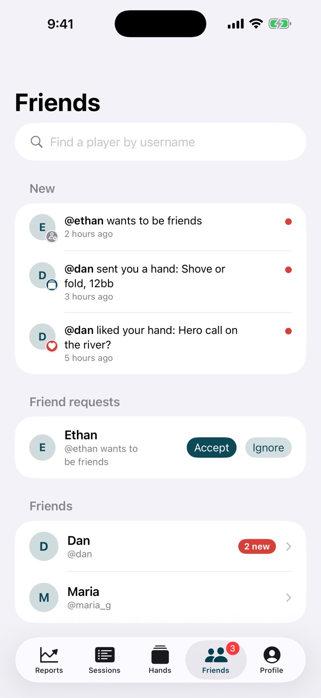 Friends tab with search, what's new, and requests
