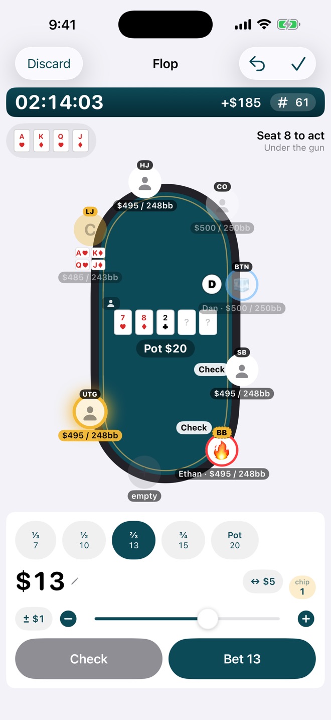 Postflop pot-fraction presets in a PLO hand