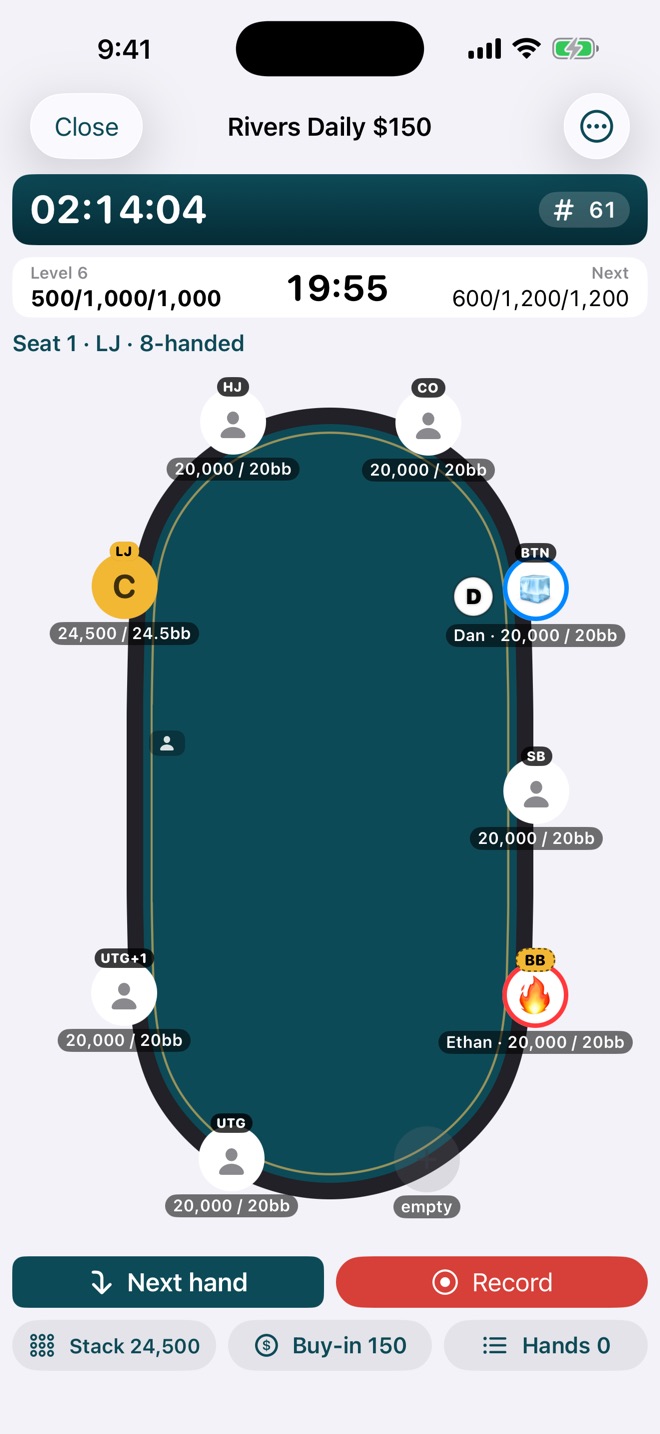 Tournament table with every stack in big blinds and the blind clock