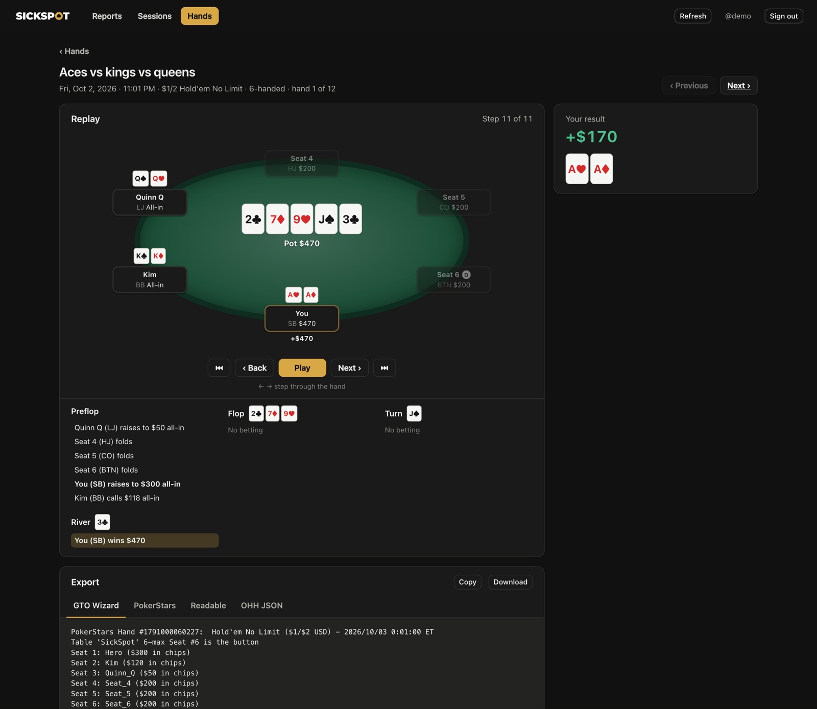 SickSpot on desktop: a hand replayer with the action by street and a GTO Wizard export